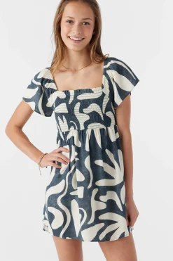 Kids O’Neill Dresses<GIRL'S KASIA BEACH HUT GEO SHORT SLEEVE DRESS