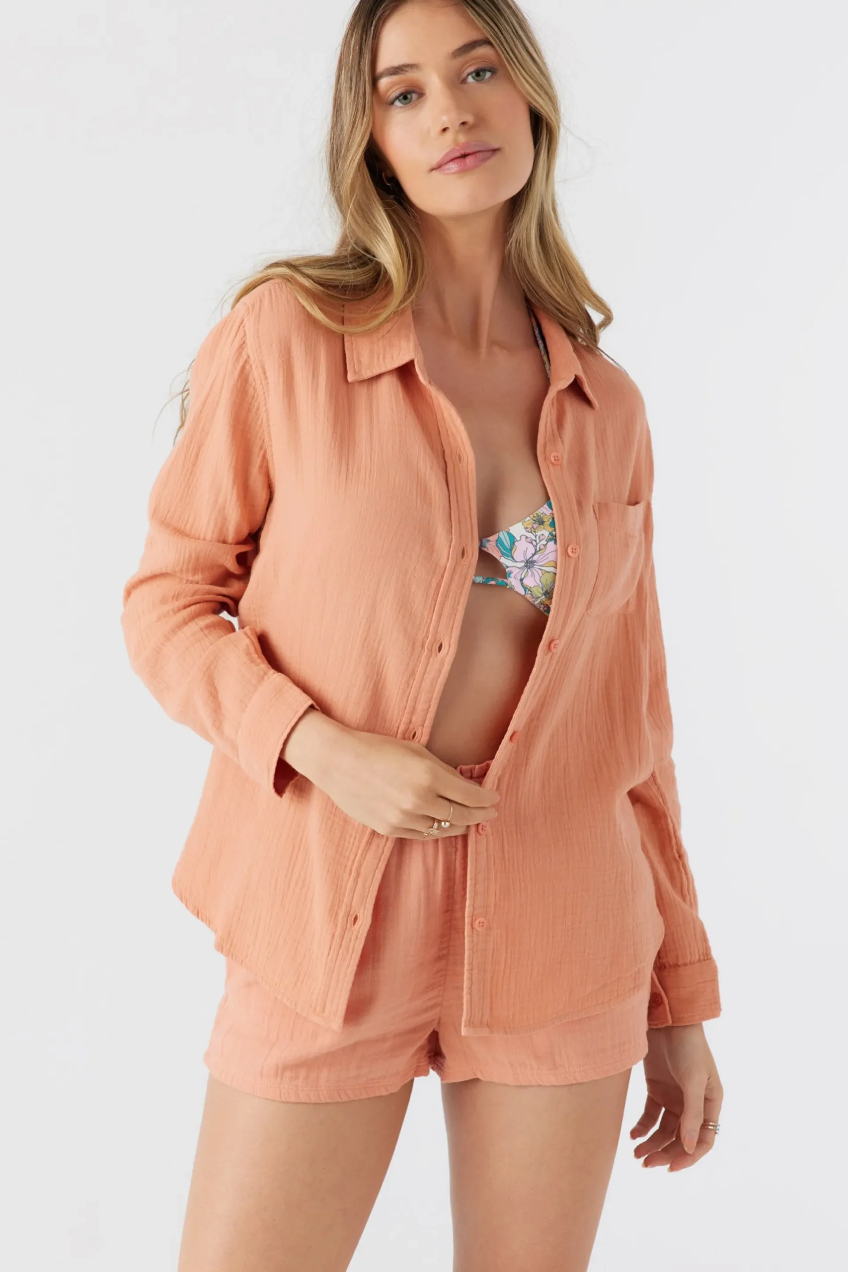 Women O’Neill Cover-Ups|Tops<LENI CRINKLE DOUBLE GAUZE BUTTON DOWN SHIRT