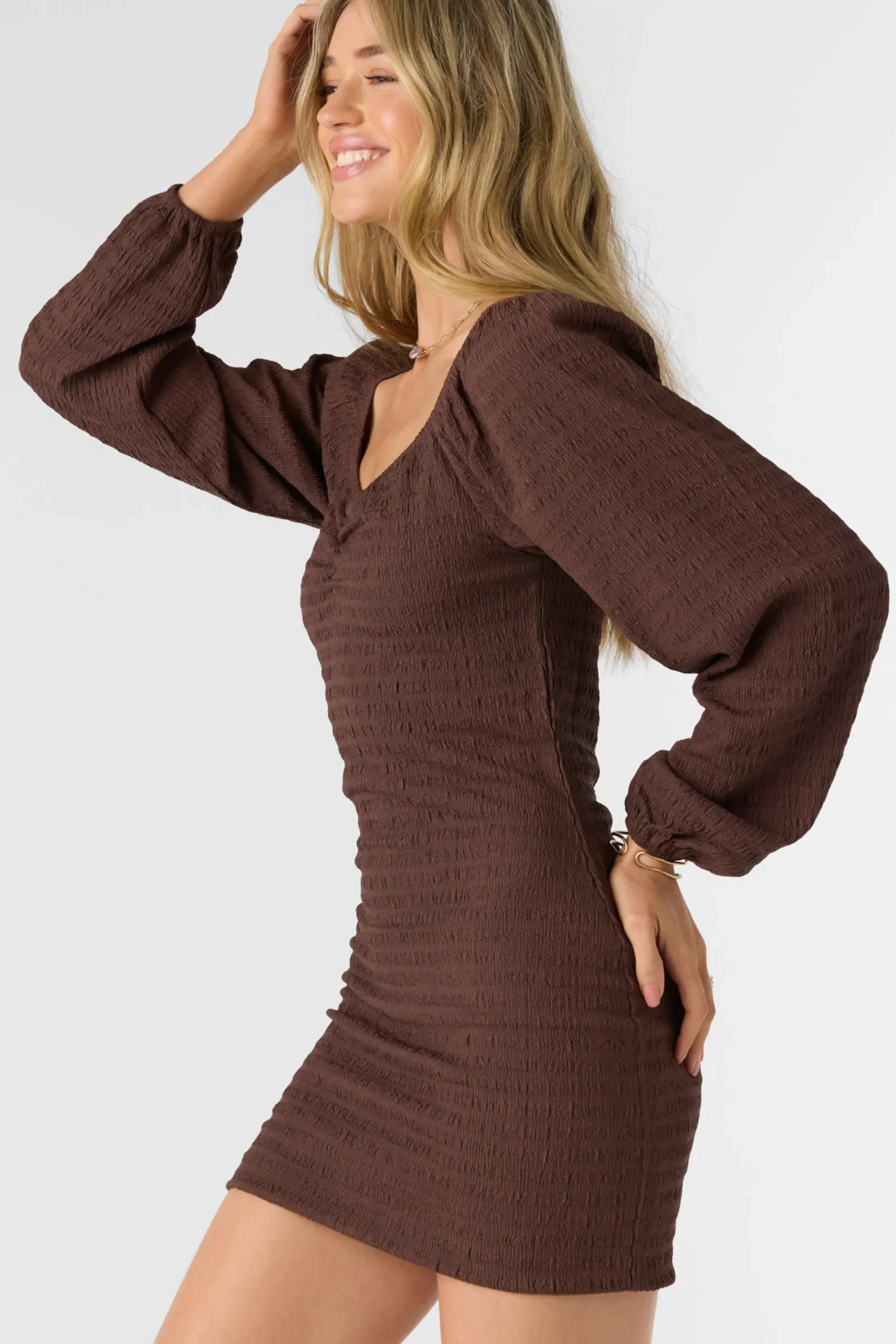 Women O’Neill Dresses<TEGAN SMOCKED KNIT LONG SLEEVE MINI DRESS