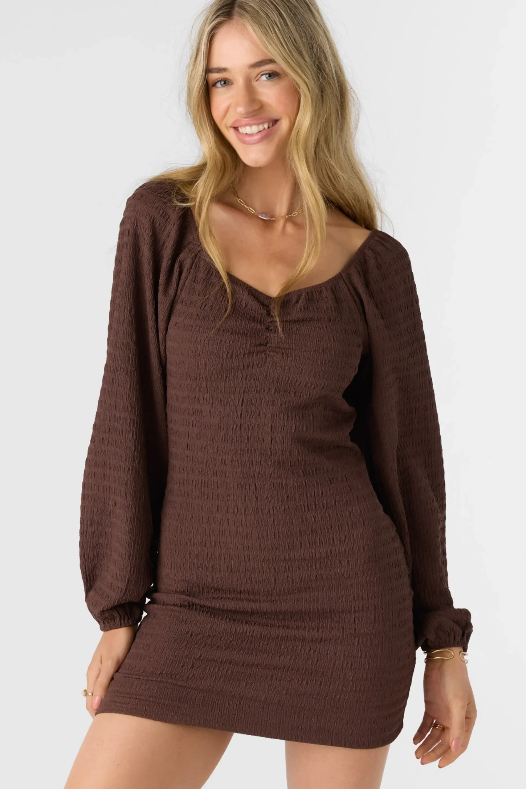 Women O’Neill Dresses<TEGAN SMOCKED KNIT LONG SLEEVE MINI DRESS